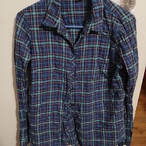 Eddie Bauer Women's Checkered Button Down Shirt - Blue and Green